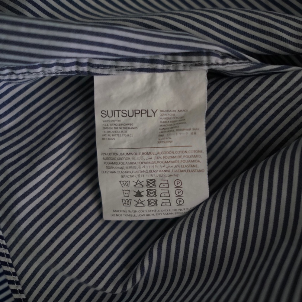 Suitsupply Navy Thin Striped Mandarin Collar Button Down Shirt (Size 38) - Picture 8 of 9